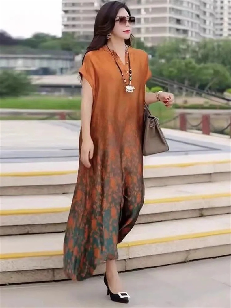 Sukienka jedwabna damska z nadrukiem w stylu bohemy, dopasowana, z raglanowymi rękawami, markowa, letnia, elegancka, dla mamy, wysokiej jakości, długa spódnica z nadrukiem, 2026.