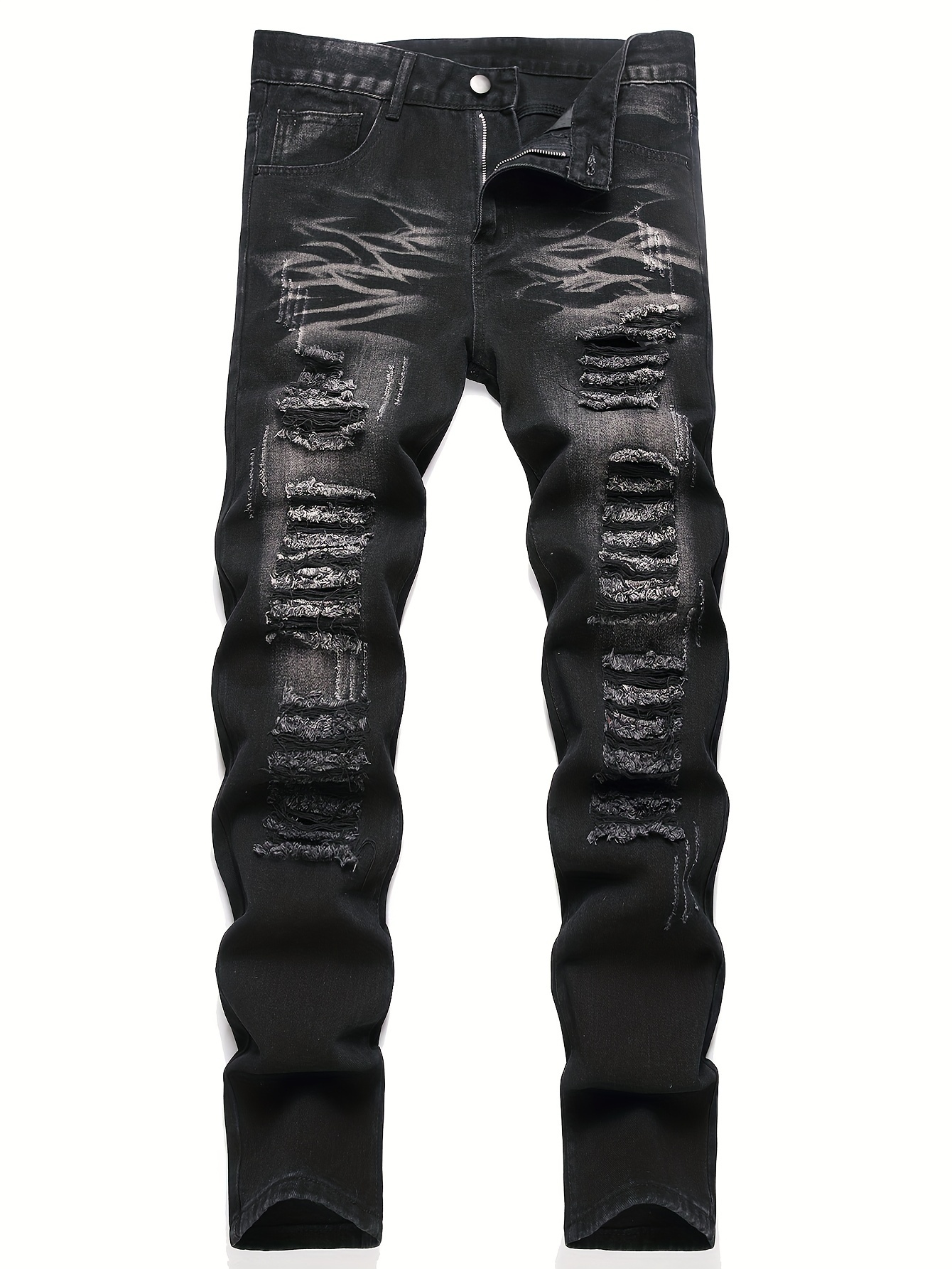 Ropa de calle de moda para hombre: jeans negros rasgados de pierna recta: un excelente regalo para maridos o novios.