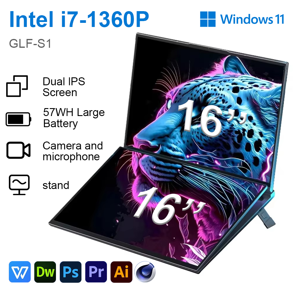 GLF-S1 portátil de pantalla Dual grande de 16 + 16 pulgadas Intel i7-1360P Win 11 2 * DDR4 MAX 64GB M.2 2280 2TB WIFI ordenador portátil de doble pantalla