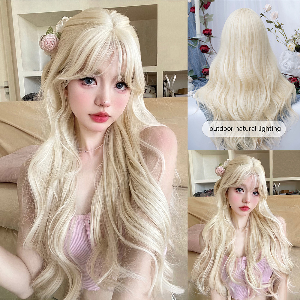 28Inch Natural Blonde Pretty Lolita Synthetic Wigs With Bang Long Wavy Hair Wig for Women Cosplay Daily Use Party Heat Resistant
