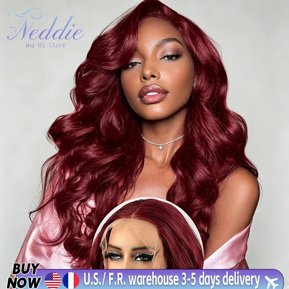 Peluca de Cabello Humano con Ondas Sueltas, Color Borgoña 99J, 13x6 HD Lace Frontal, Cabello Brasileño, 32 Pulgadas, Peluca con Frente de Encaje 13x4, Color Rojo