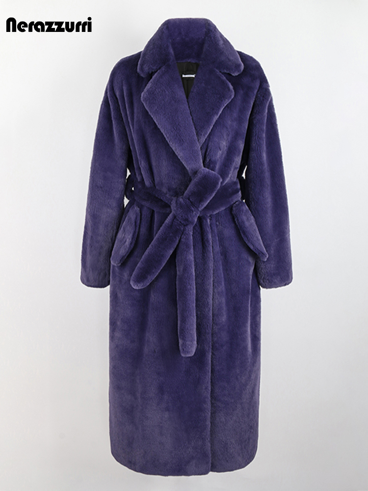 Nerazzurri-Manteau Long en Fausse Fourrure pour Femme, Violet, Noir, Vert, Optique Moelleuse, Chaud, Luxe, Ceintures, Pardessus en Fourrure, Hiver, Nouvelle Arrivée, 2022