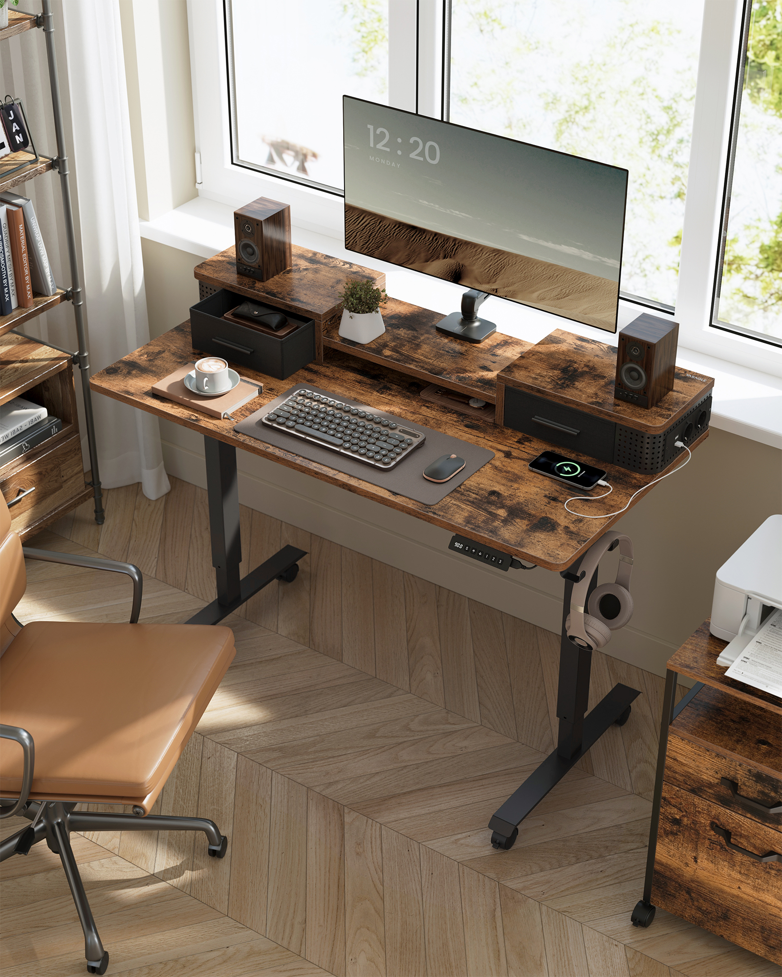 VASAGLE Electric Standing Desk with Built-In Power Strip, 60 x 120 x (72-120) cm, Adjustable Height