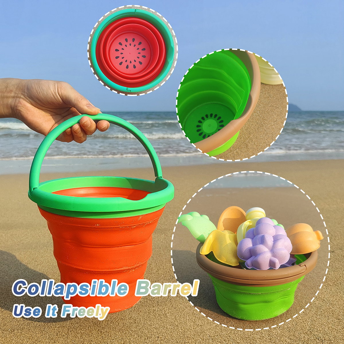 Un juego de juguetes de playa con temática de frutas de verano, serie de frutas, cubo de playa, juegos acuáticos, regalos de vacaciones para niños y niñas