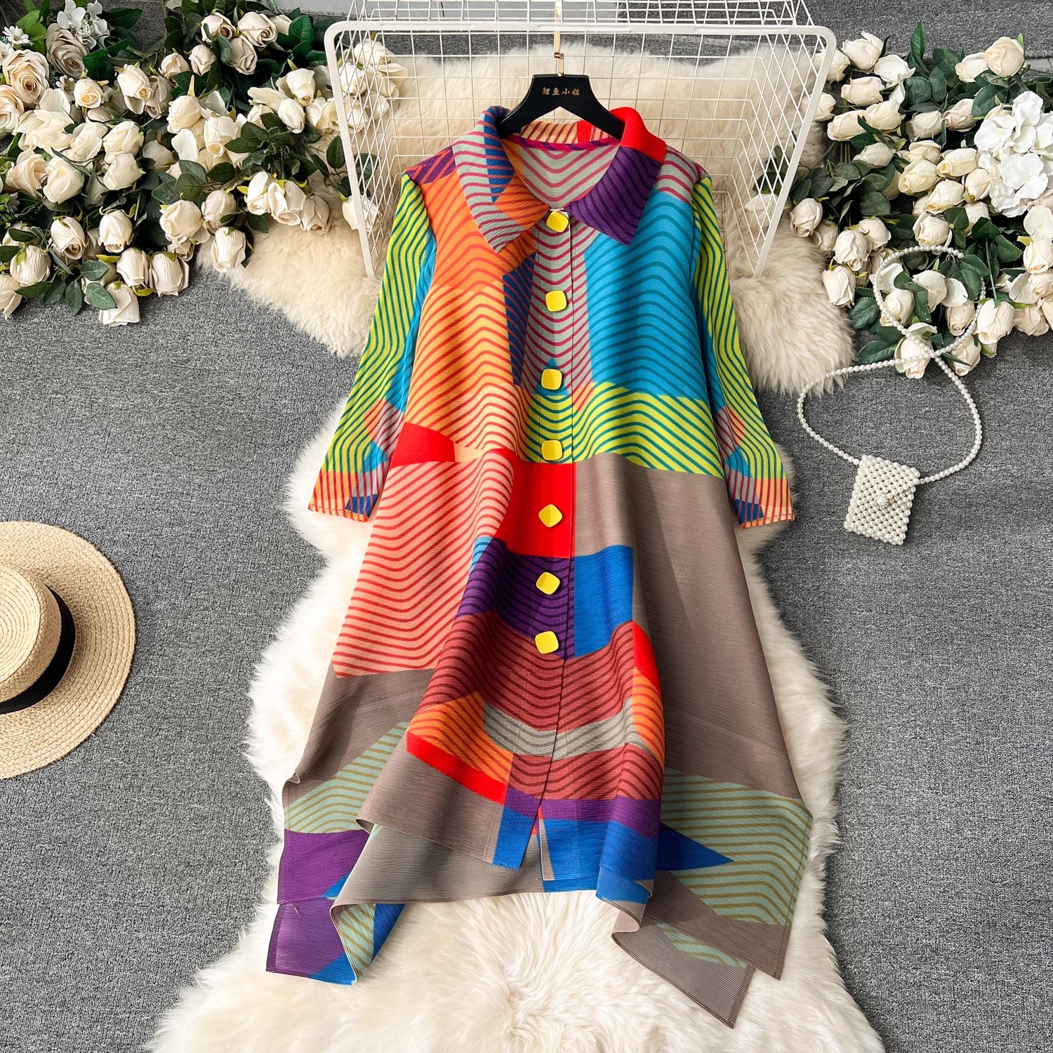 Miyake-vestido plisado para mujer, Primavera Verano, estampado de bloques de colores, solapa, manga 3/4, vestidos camiseros irregulares de moda de un solo pecho