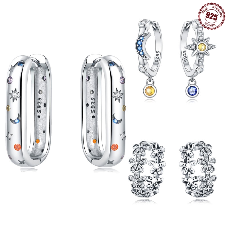 Echte 925 Sterling Zilveren Hoepel Oorbellen Kleurrijke Zirkoon Heldere Sterrenhemel Oorbellen Vrouwen Verloving Trouwfeest Zilveren Sieraden