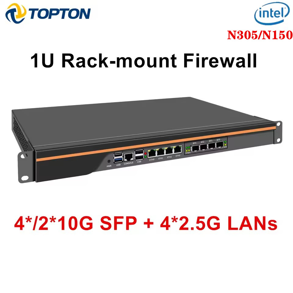 Topton 1U Firewall de montaje en rack Mini PC Intel i3 N305 N150 4*/2*10G SFP + 4 * i226-V 2,5G LAN servidor de empresa Host de seguridad de red