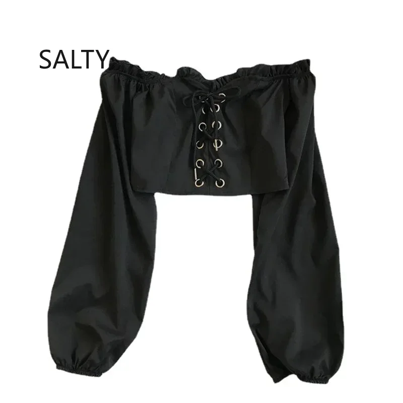 Top da donna 2026 con spalle scoperte, maniche lunghe a balze, camicetta vintage con maniche a sbuffo, top da donna con lacci, top corto a fascia