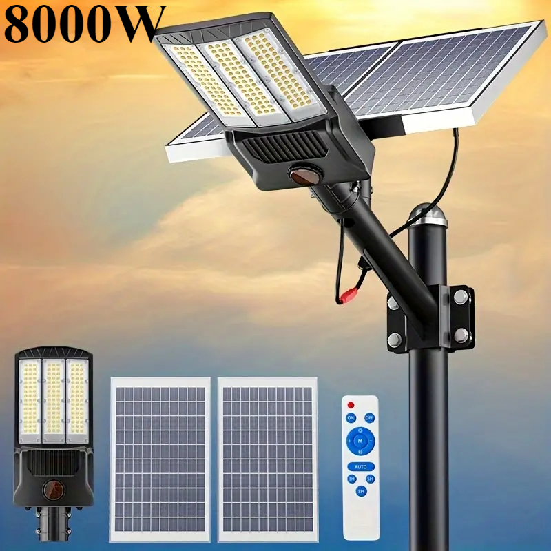 8000W ไฟถนนพลังงานแสงอาทิตย์กลางแจ้งที่จอดรถเชิงพาณิชย์ Light Dusk to Dawn Solar Security น้ําท่วมไฟโคมไฟพลังงานแสงอาทิตย์สําหรับ Yard Road