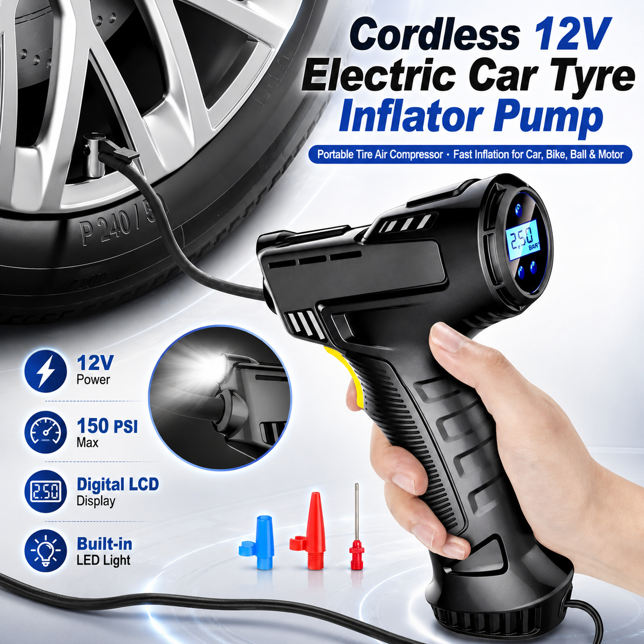 Cordless 12V Electric Car Tyre Inflator Pump Portable Tire Air Compressor Pump, Faster Inflation Air Pump for Car, Bike, Ball, Motor