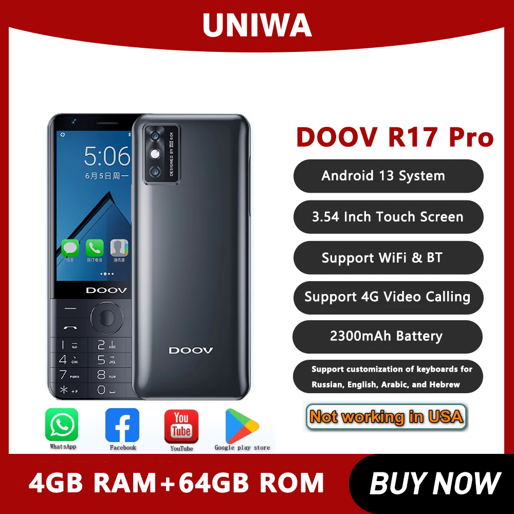 UNIWA DOOV R17 Pro teléfono móvil inteligente Whatsapp Android 13 pantalla táctil 4G teclado teléfonos 3,54 "4GB 64GB 2300mAh teclado hebreo