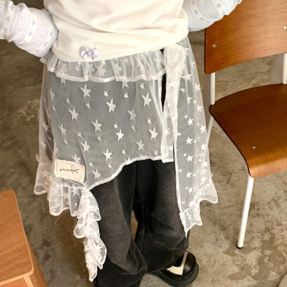 Vintage Star Lace Mini Skirt Irregular Hight Waist Gauze Skirt Lace-up Japanese Style Ruffled Edge Skirt Streetwear