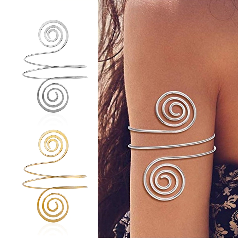 ด้านบนสร้อยข้อมือโลหะ Coil Swirl Spiral Shape Armband กำไลข้อมือแฟชั่นกำไลข้อมือ Armlet ปรับสำหรับหญิงสาว