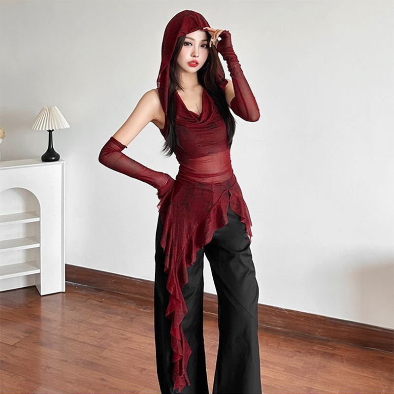 Ruche Lange Mouw Sexy T-shirts Mode Vrouwen Y2K Onregelmatige Asymmetrische Koreaanse Crop Tops Casual Sheer Mesh Herfst Chic Tees