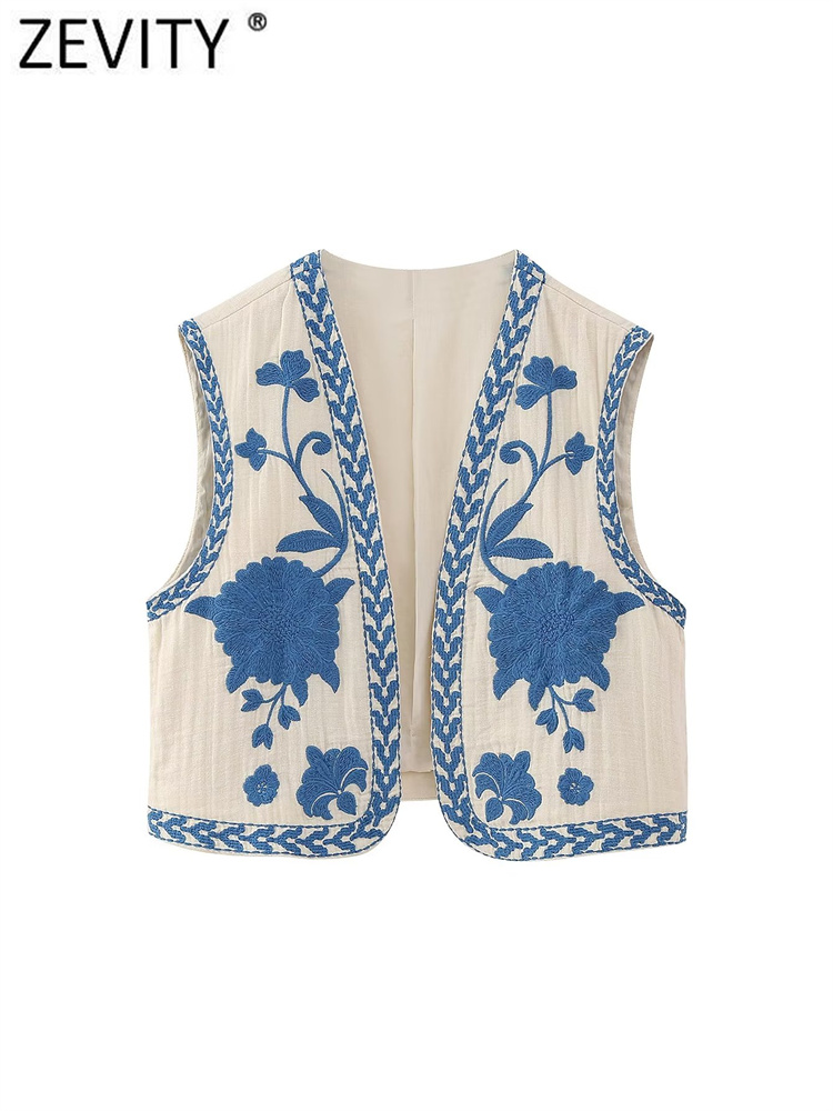 Zevity-Chaleco corto con bordado Floral para mujer, chaqueta sin mangas, estilo nacional, informal, CT4110