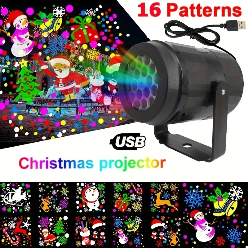Proyector de luz láser navideña con copos de nieve, 16 patrones, luces LED giratorias impermeables para escenario, decoración navideña, 1 ud.