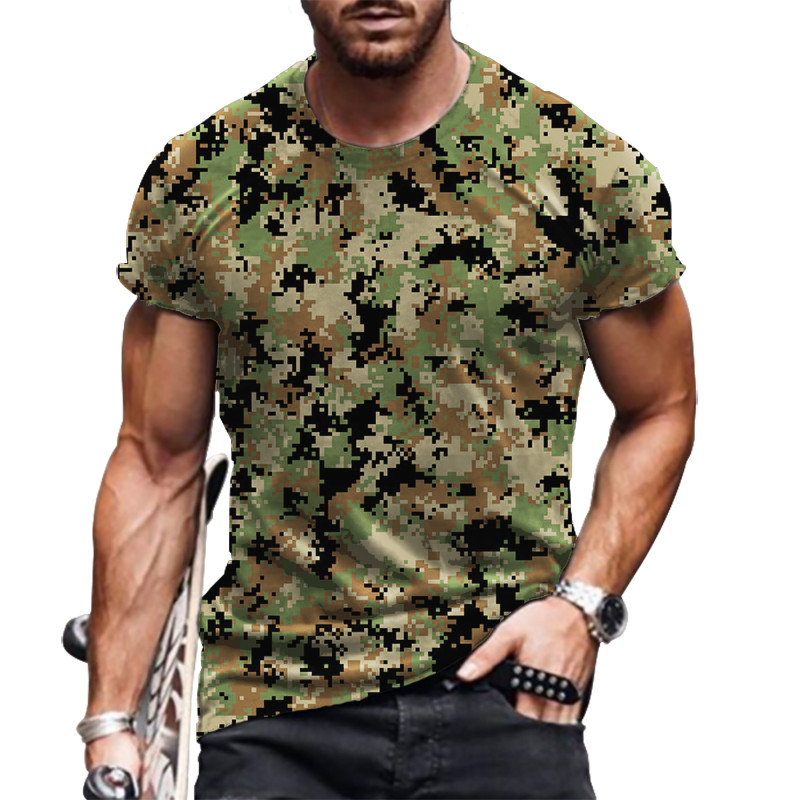 Camo camisetas masculinas de manga curta em torno do pescoço verão treino esportes casual topos de grandes dimensões solto respirável rua masculino tees 6xl