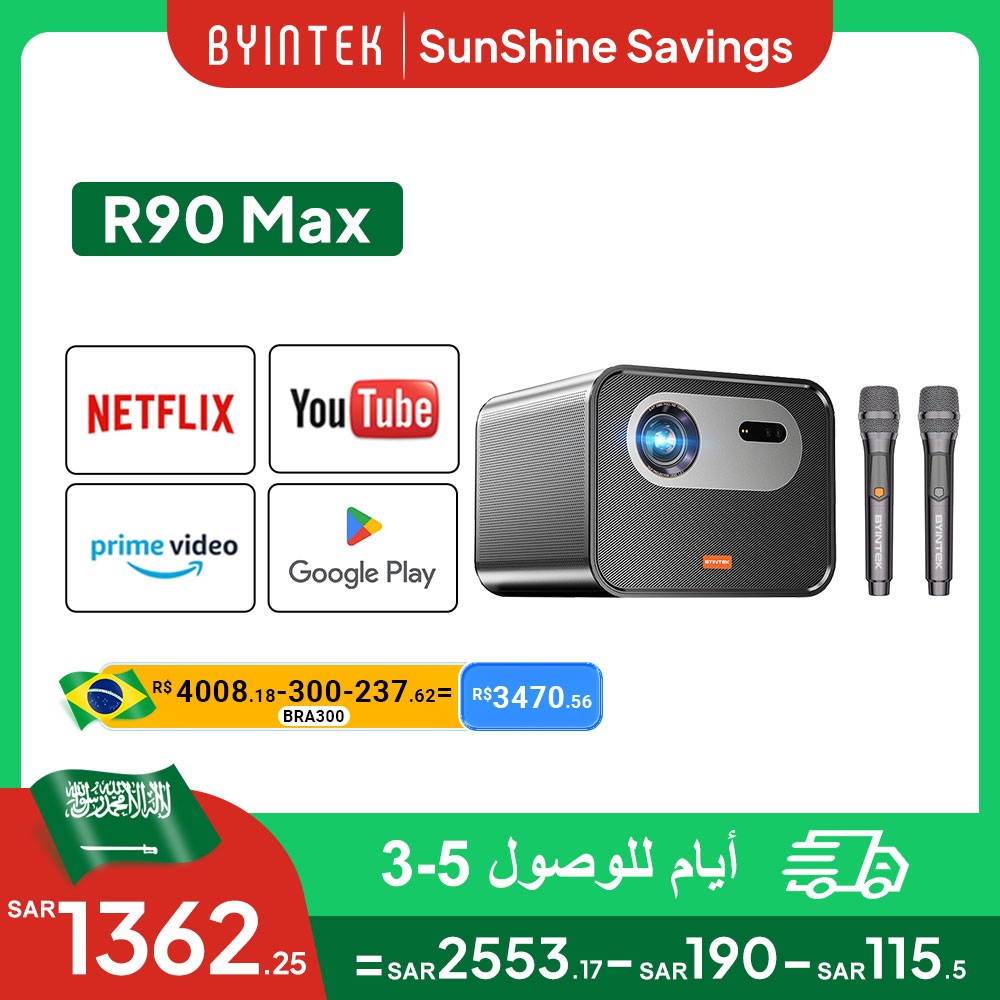 BYINTEK R90 Max Full HD 1080P proyector 4K DLP 2200 lúmenes ANSI Android TV 11,0 3D 4K compatible proyector de cine en casa inteligente