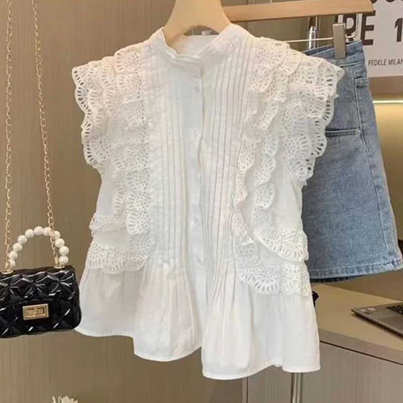 Blusa feminina manga voadora camisas brancas vintage sem mangas babados rendas tops elegantes casuais roupas doces verão