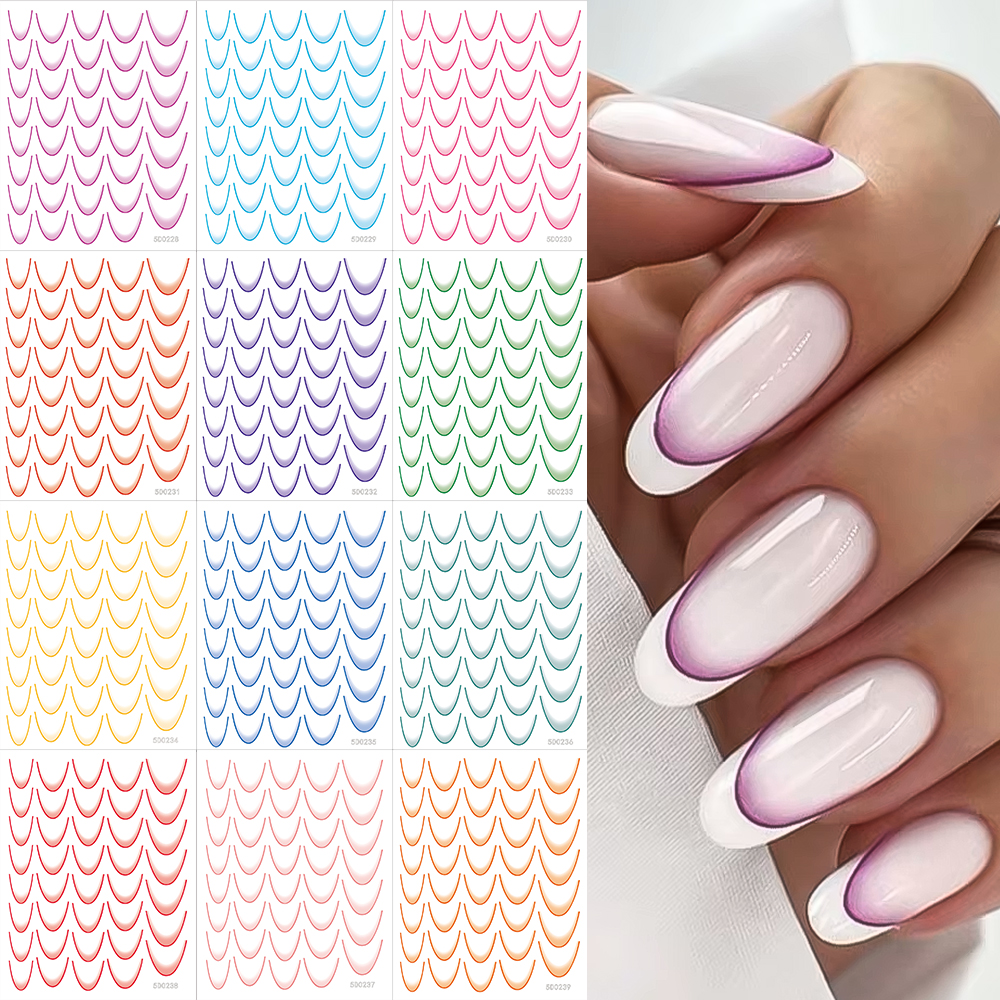 Autocollants pour ongles style français, 1 feuille, ligne dégradée, design à rayures courbées, auto-adhésif, manucure, DIY, décor, néon, curseur
