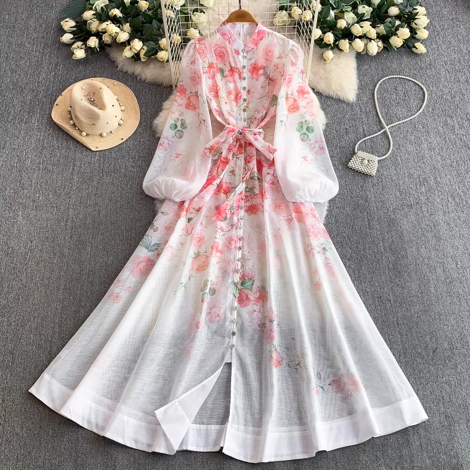 Nuevos Vestidos Elegantes de Moda Boho para Mujer, Estampados Florales, Cuello Alto, Manga Larga, Cierre de Botón, para Fiestas y Vacaciones de Primavera y Otoño