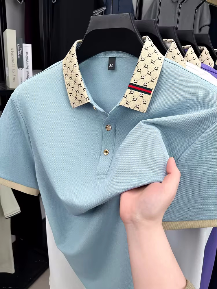 Kurzarm-Poloshirt der Luxusmarke für Herren im Sommer im koreanischen Stil, trendiges, lässiges, atmungsaktives, mit Buchstaben besticktes Revers-T-Shirt
