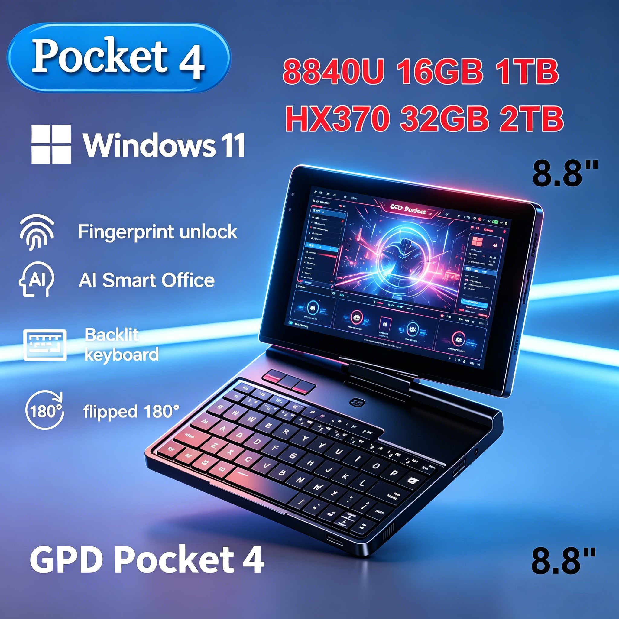 Apex 2026 New GPD Pocket 4 8.8-inch AMD AI 9 HX 370 64GB RAM Smart Portable Mini PC 2TB NVMe Flipped Laptop Computer