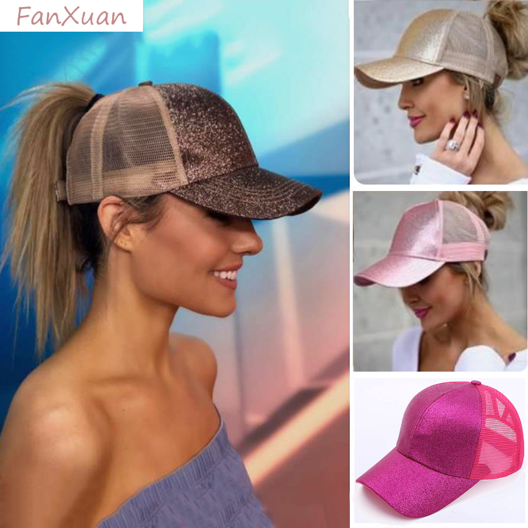 Cappello da Baseball da Donna con Glitter, Foro per Coda di Cavallo Alta, Regolabile, Stile Trucker con Retro in Rete
