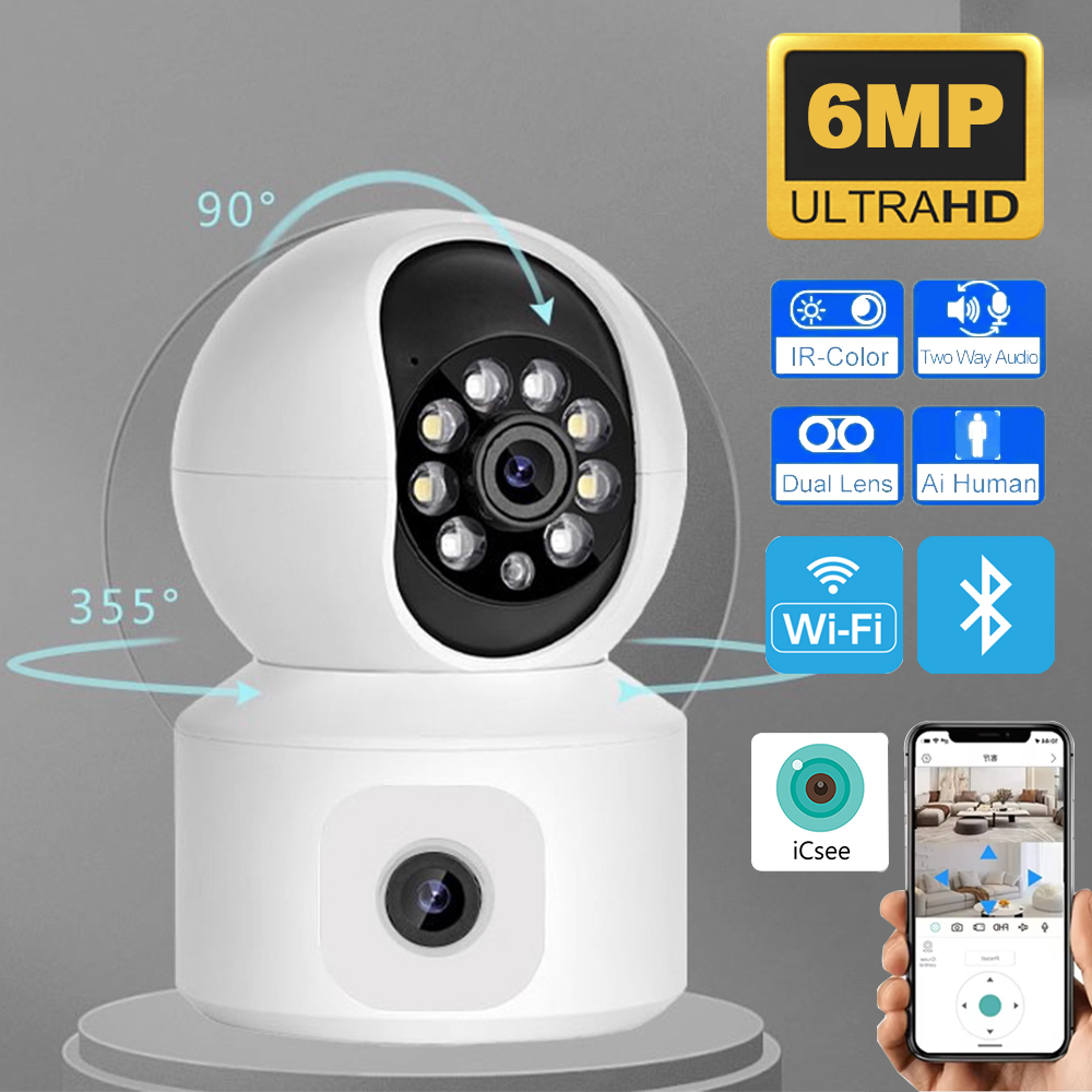 Cámara IP WiFi iCsee de 6MP con Doble Lente y Doble Pantalla, PTZ, Seguimiento Automático, Cámara de Seguridad para el Hogar, Monitor para Bebés, Videovigilancia CCTV