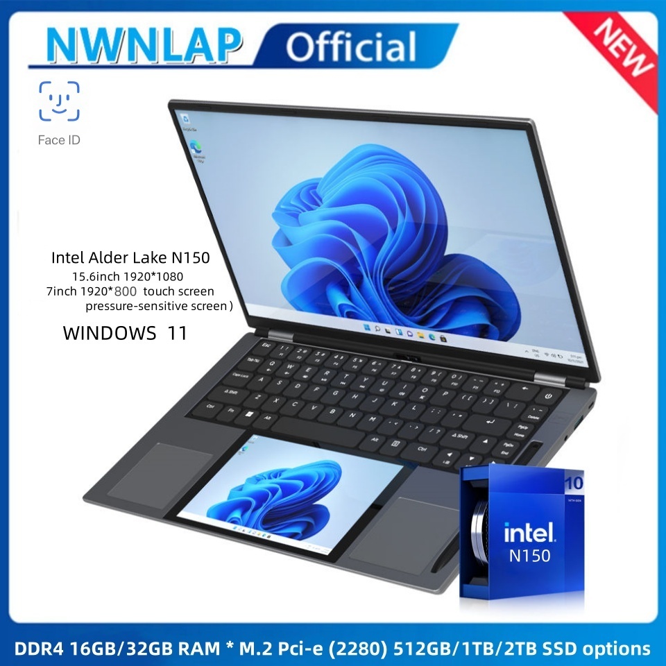 New 15.6inch+7inch Dual-screen Business Touch Screen Laptop with Intel N150 and IPS Touch Pressure-sensitive Stylus 16G 512G