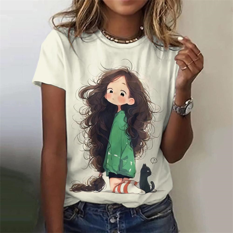 T-shirt à Manches Courtes pour Femme, avec Motif de Fille Animée, Imprimé en 3D, Dessin Animé, Loisirs d'Été, Col Rond