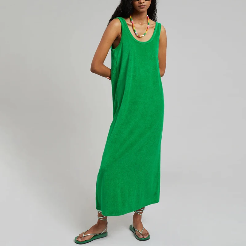Fashion Chic Elegant Summer Dresses Woman Terry Cloth Casual O-Neck Sleeveless Basic Long Maxi Dresses Vestidos De Mujer