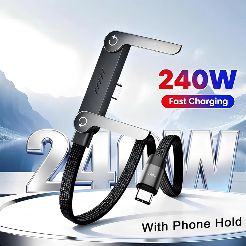 240W 2in1 USB-C to USB-C急速充電ケーブル 折りたたみ式スマホホルダー付き デスクトップスタンドブラケット データケーブル iPhone 17 Samsung対応