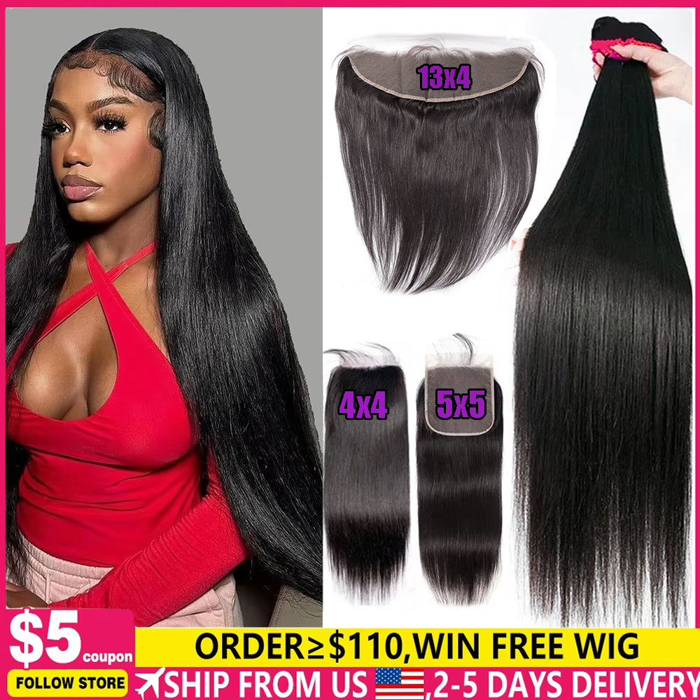 Pacotes de Cabelo Humano Peruano com Fechamento Liso Cru, 3 ou 4 Pacotes com Fechamento de Renda HD 4x4 5x5, Cabelo Virgem com Frontal 13x4