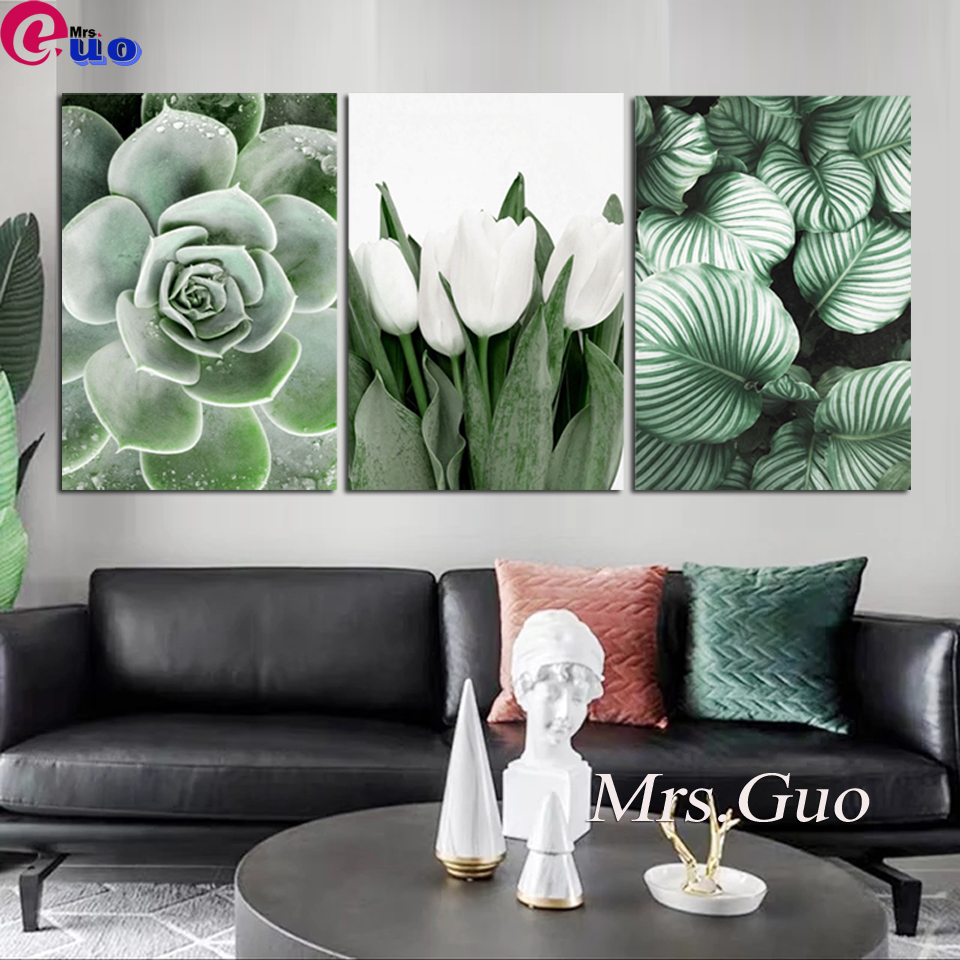 Tulip Putih Hijau Anggrek Tanaman Lidah Buaya Seni Diy Lukisan Berlian Nordic Berlian Mosaik Triptych Gambar Dinding untuk Dekorasi Ruang Tamu