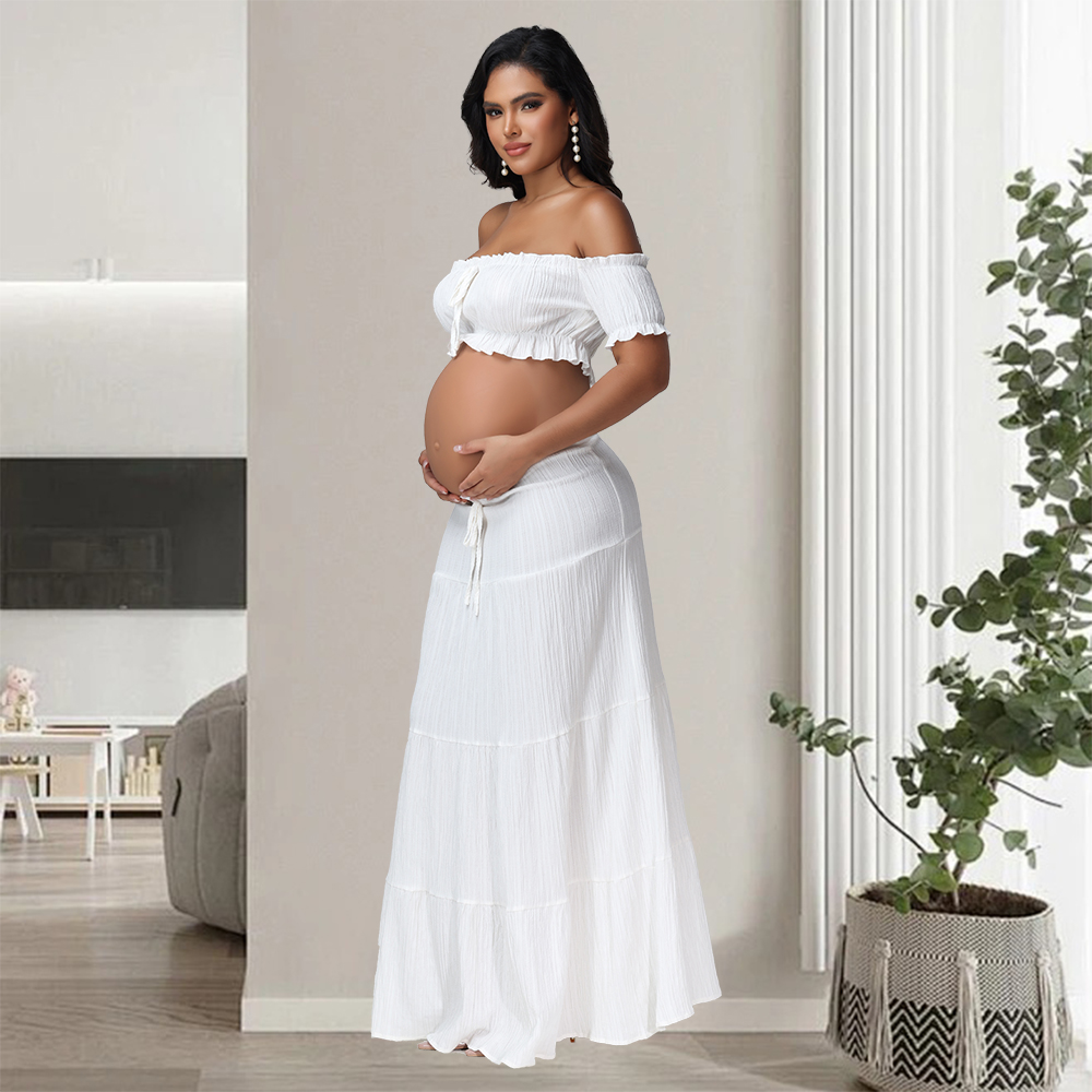 Zestawy sukienek do sesji ciążowej 2-częściowe seksowne falbanki krótkie rękawy tuba top T-shirt i spódnica strój do sesji zdjęciowej baby shower