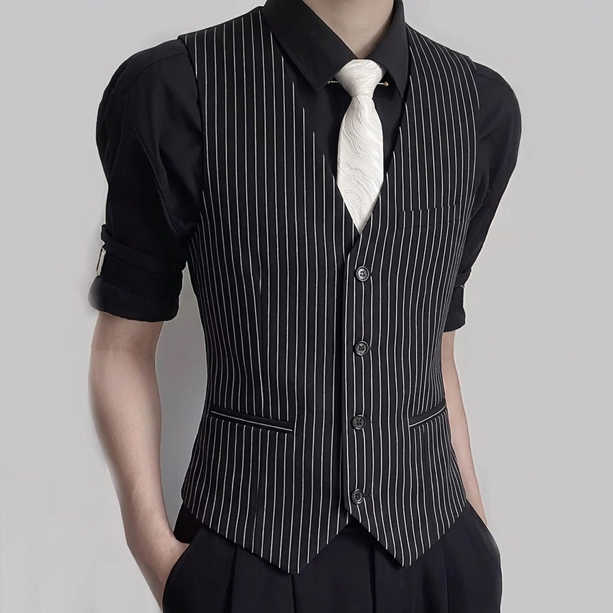 Colete Clássico Listrado para Homens, Colete Slim Fit com Decote em V para Bartender de KTV, Uniforme Social para Casamentos e Eventos