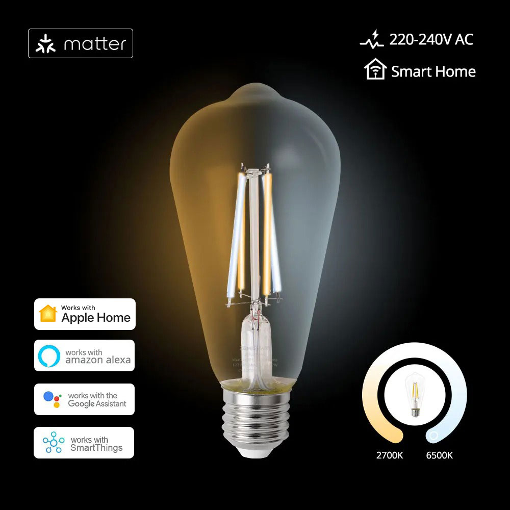 Ampoule LED à filament WiFi Matter E27, dimmable, type tungstène ST64, compatible SmartThings, Homekit, Alexa, Google Home, 220V, Zemismart, 7W