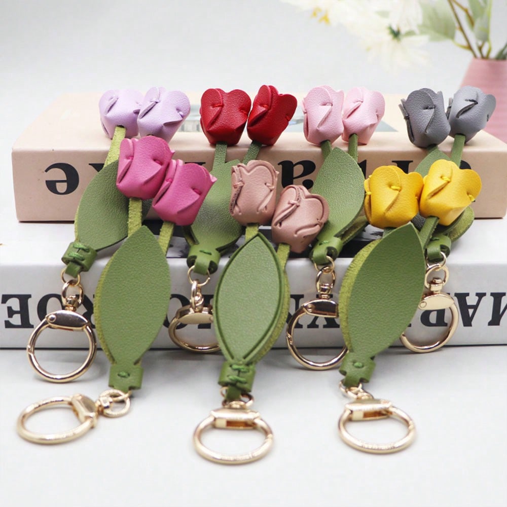 Moda tulipa saco decoração couro do plutônio folha flor chaveiro, moda bonito charme criativo saco pingente para família/amigos presente