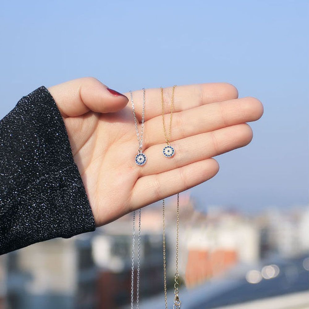 Szczęśliwy Metalowy Naszyjnik Choker z Zawieszką w Kształcie Oka Proroka w Kolorze Tureckiego Różowego Złota/Srebra z Niebieskim Elementem, Biżuteria