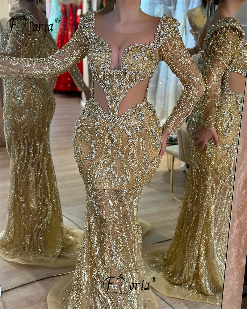 Luxo dubai manga longa sereia vestido de noite ouro cristal lantejoulas recorte cintura formal ocasião vestidos robe de soiree femme