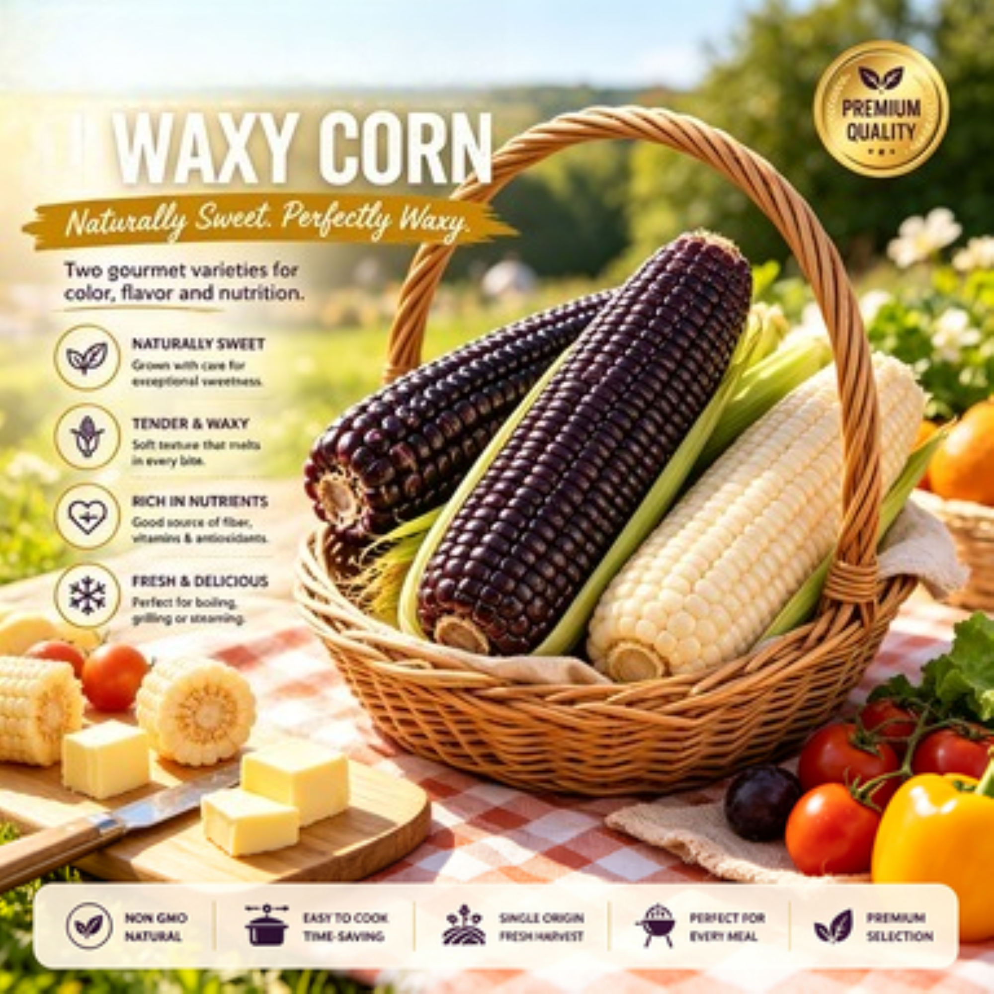 Assortiment de maïs sucré et glutineux en épi, variétés Premium blanches et noires. Maïs frais non-OGM sous vide, collations moelleuses pour des repas sains.