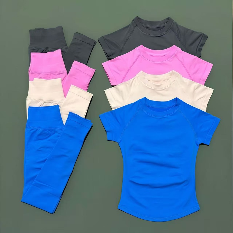 2 Buah Set Yoga HISTELLO Wanita Atasan Crop Lengan Pendek Legging Pengangkat Bokong Pinggang Rendah Set Kebugaran Elastis Bernapas Tanpa Jahitan