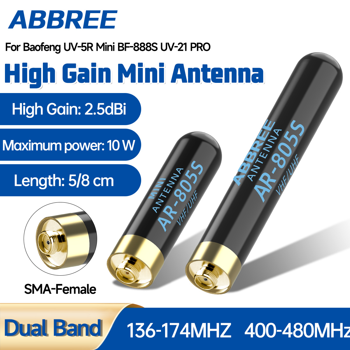 ABBREE AR-805PLUS Mini-Antenne Walkie-Talkie SMA-Buchse UHF VHF High-Gain-Upgrade AR-805S für Baofeng UV-5Rmini UV-5RH Amateurfunk
