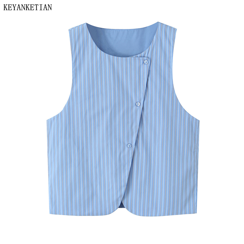 KEYANKETIAN été nouveau femmes couleur correspondant rayé gilet style de loisirs asymétrique simple boutonnage col rond sans manches haut court