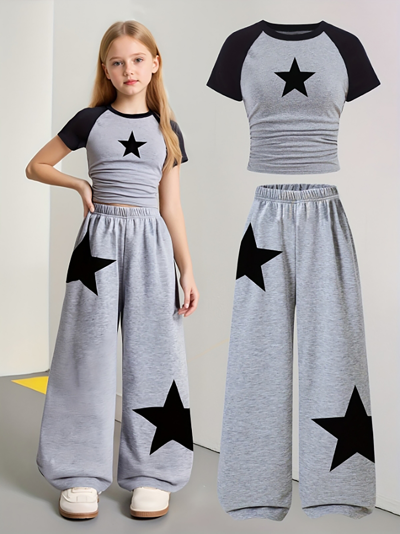 Artículos de moda para niñas, ropa para niñas, conjunto de 2 piezas para niñas, ropa para el regreso a clases, estampado de estrellas, pantalones deportivos anchos grises, fútbol americano, voleibol, Acción de Gracias, trajes de Halloween, pantalones depo