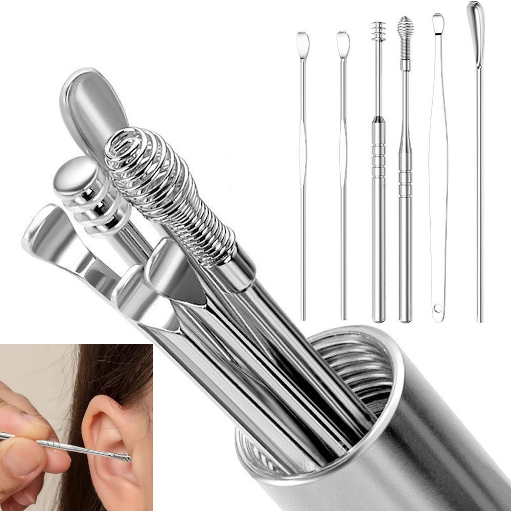 Colector de cera de los oídos de acero inoxidable, palo de limpieza en espiral, hisopo de oreja reutilizable, limpiador portátil, herramienta de eliminación de cera de los oídos, 6/7 Uds.