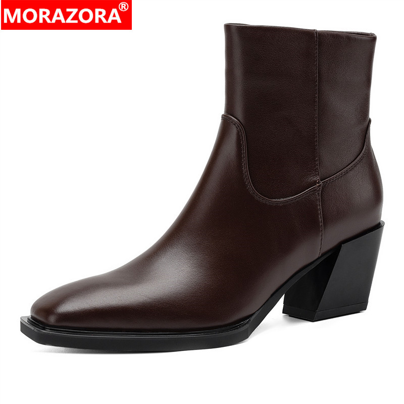 MORAZORA Stivaletti alla moda in vera pelle naturale per donna, scarpe con tacco alto e spesso, stivali autunno inverno, scarpe eleganti da ufficio