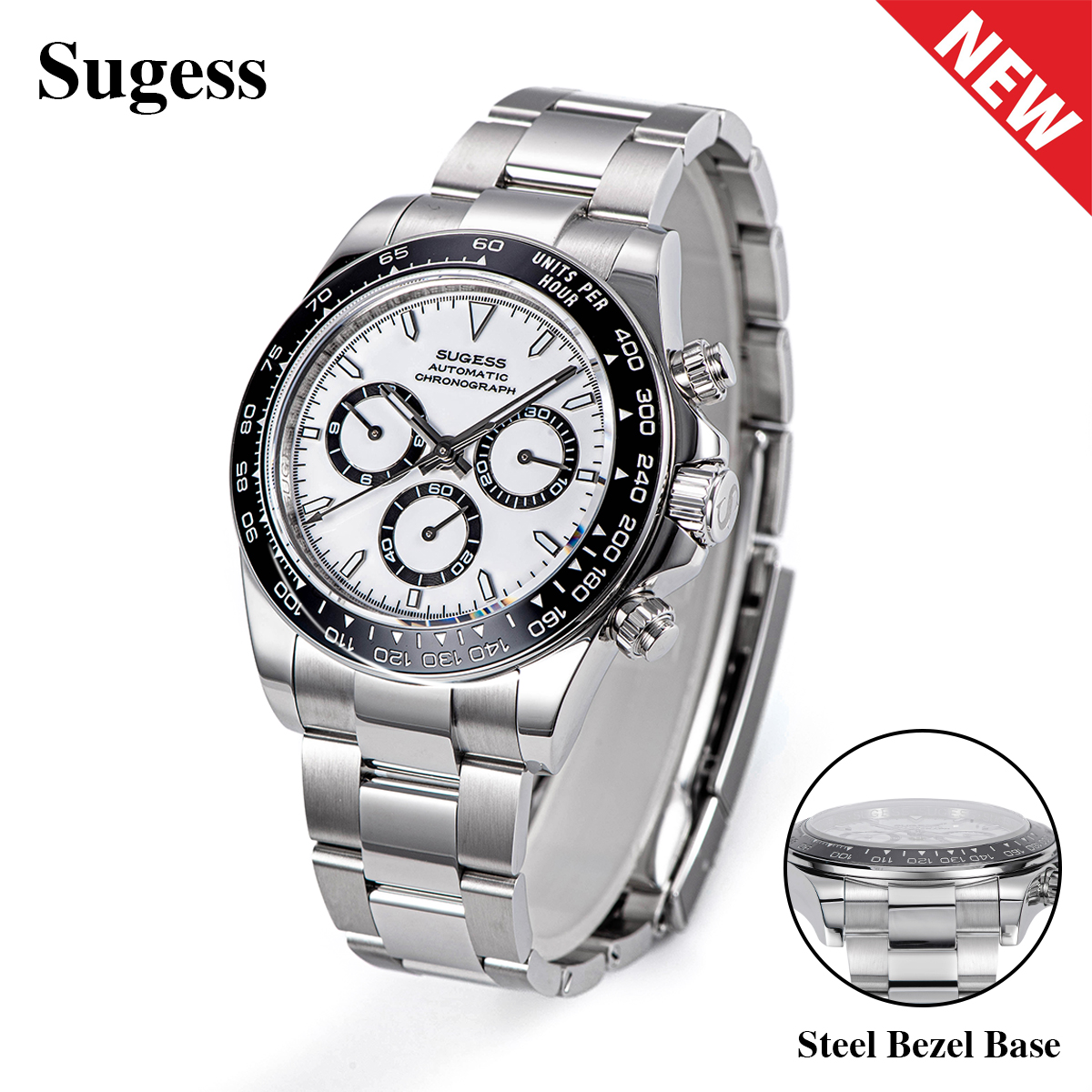 Sugess Panda Chronograph การเคลื่อนไหวอัตโนมัติ Chronograph นาฬิกาข้อมือกันน้ําผู้ชายนาฬิกาเซรามิค Bezel Tona