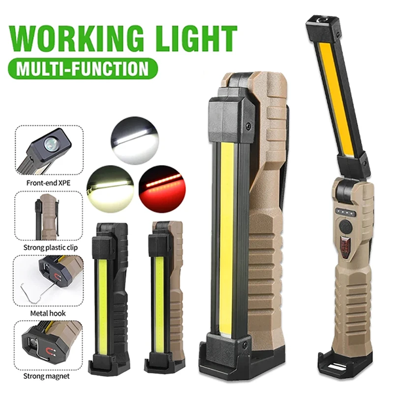 Linterna LED plegable portátil, luz de trabajo COB con imán fuerte, reflector de emergencia recargable tipo C, linterna para acampar al aire libre